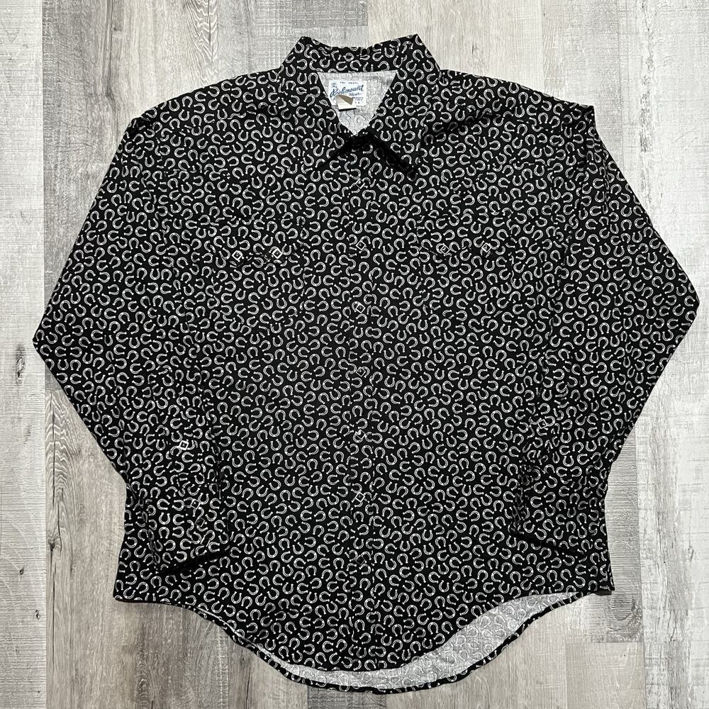 VTG Rockmount Pearl Snap Black Horseshoe Print Sawtooth Pocket Western Shirt